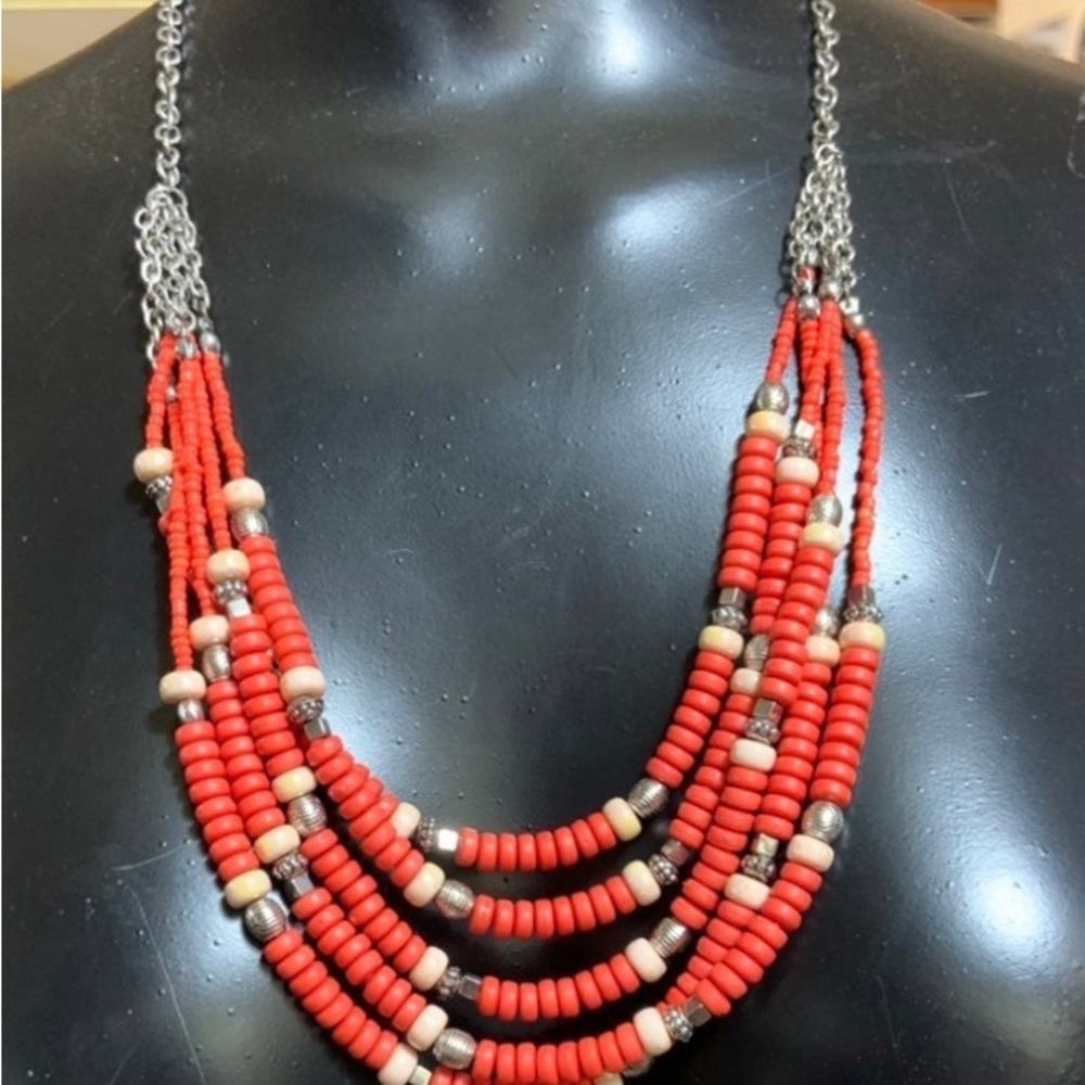 "RubyRed" Brand necklace five strands coral colored beads!